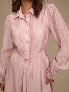 Enchnt 秋冬浪漫女士优雅粉色简约前扣撞色蕾丝长袖长裙 - 粉色 - 查看 2