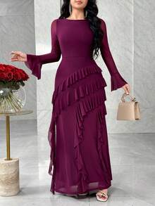 Modelyn Đầm suông cổ tròn tay loe xếp tầng viền bèo nhún thanh lịch cho nữ - Bold Plum - Xem 1