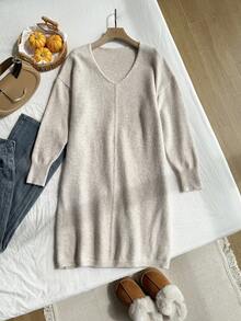SHEIN EZwear 大码纯色V领休闲百搭长袖毛衣裙女士秋冬装 - 卡其色 - 查看 4