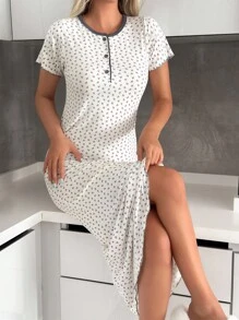 EURMUSE Women High Quality Viscose Fabric With Contrast Binding Detail Floral Pattern Short Sleeve Long Homewear Sleep Pajama Dress - White - View 6