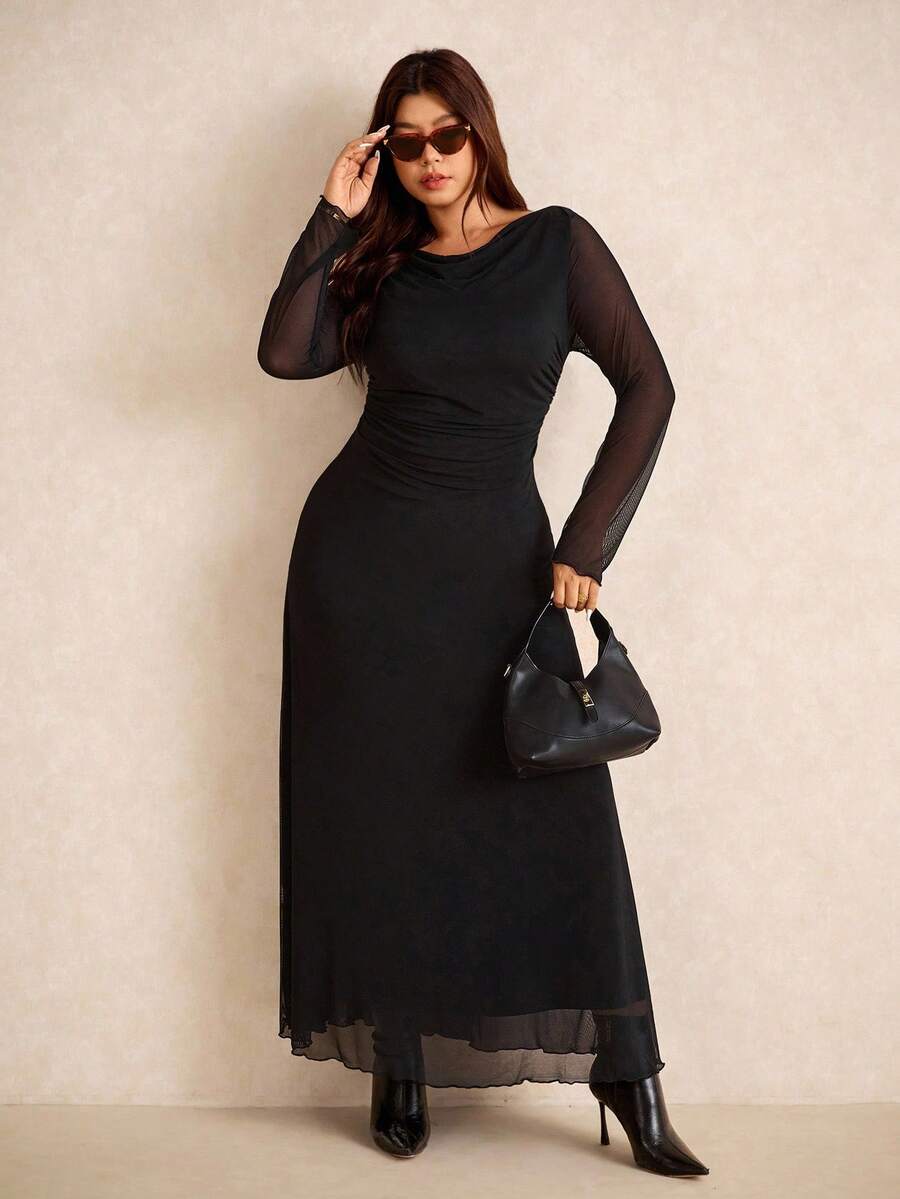 Elaquor 大码女式连帽连衣裙，时尚休闲优雅，柔软高弹网眼面料，秋季新品 - 黑色 - 查看 1