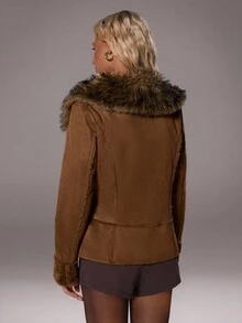 TRNVIE 1 件女式复古波西米亚风格仿麂皮毛领 Y2K 夹克，棕色，冬季 - 棕色 - 查看 2