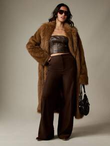 MISSGUIDED Wide Leg Dress Pants High Waisted Studded Detail Tailored Trousers Formal Office Professional Business Sophisticated Stud Accent Western Party Evening - Coffee Brown - View 4
