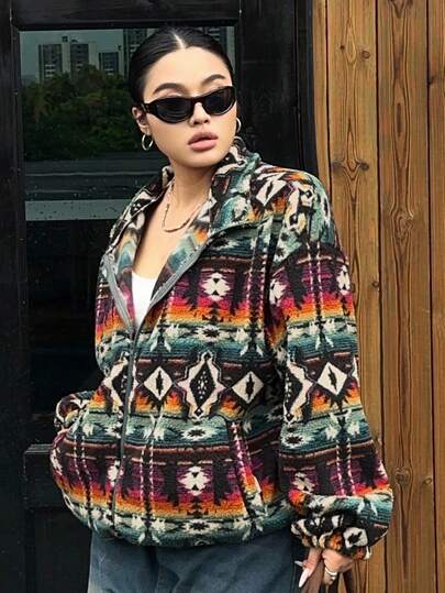 DAZY 圣诞节加大码女式彩色人造毛皮内衬宽松长袖外套，秋冬款