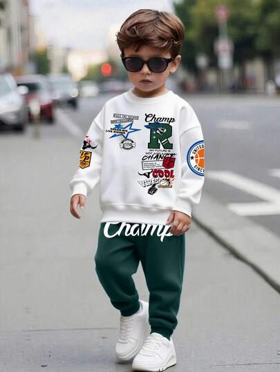 2 件套幼儿男童返校休闲酷炫字母涂鸦印花羊毛圆领运动衫和运动裤套装，时尚秋冬日常装