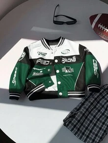 SHEIN Baby Boy Green And Black Color Block Casual Sports Streetwear Motorcycle Jacket, Suitable For Home, Outgoing And Sports, Spring/Autumn/Winter - Multicolor - View 6