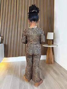 Young Girl Leopard Print Long Sleeve Tight-Fitting Flared Pants Jumpsuit, Autumn/Winter Outfit Fall - Multicolor - View 2