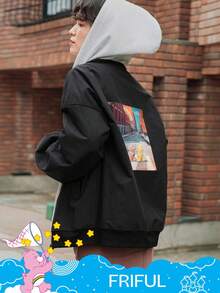 FRIFUL SHEIN X Care Bears 女士休闲时尚街头卡通熊印花落肩宽松夹克 - 黑色 - 查看 11