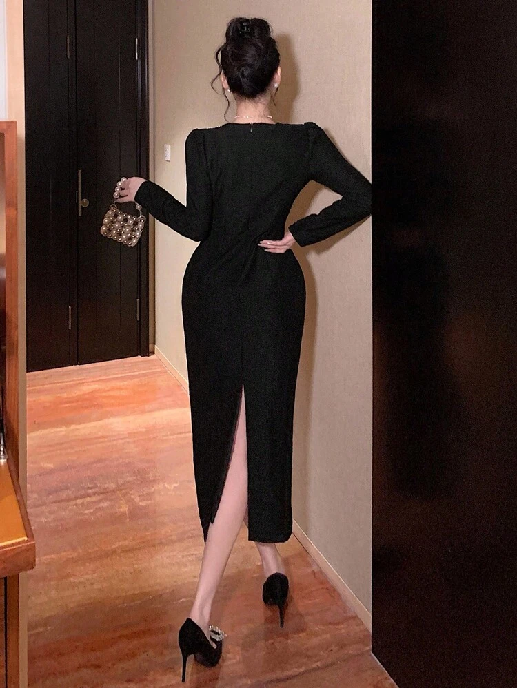 Vintage French Style Fitted Bodycon Little Black Dress, Slimming & Flattering, Long Dress For Women, Autumn Maxi Dress