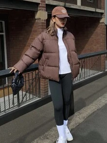 DAZY 休闲纯色宽松女士棉服外套冬季夹克 - 咖啡棕 - 查看 6
