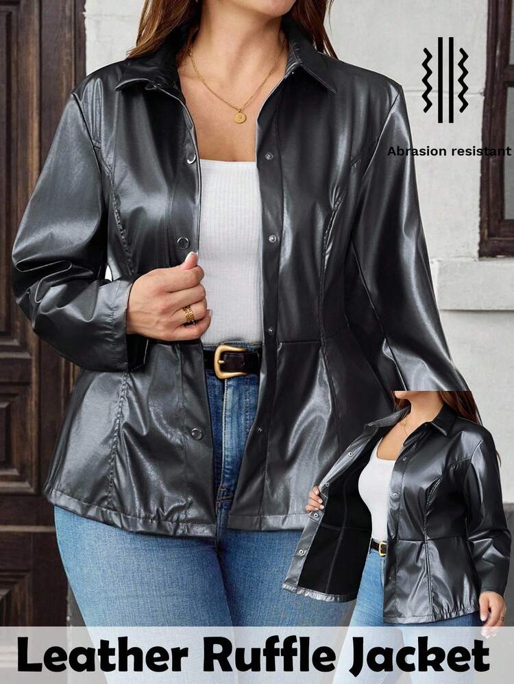 Plus Size Women's Gun Gray Ruffled PU Leather Jacket Elegant Commuter Casual Fall Winter Business Casual Autumn New Year Look Autumn Fall Winter