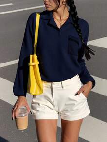 SHEIN Unity Solid Pocket Patched Half Zip Sweatshirt,Long Sleeve Tops Pullover Fall Sweatshirt - Blue - View 5