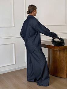 Livesso 女士休闲水洗牛仔夹克和阔腿牛仔裤套装 - 藍色 - 查看 2