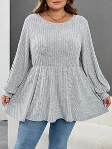 SHEIN CURVE+ Große Größen Lässig einfarbiges Laternenhülse T-Shirt, Herbst/Winter Kleidung für Frauen, CURVE PLUS - Grau - Übersicht 8