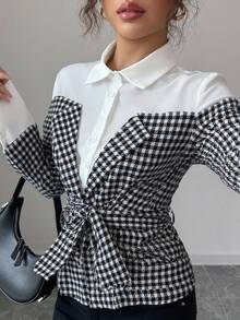 Elenzga Damen Lässig Pendler Vorderseite Knopf Karomuster Langarm Hemd, Herbst