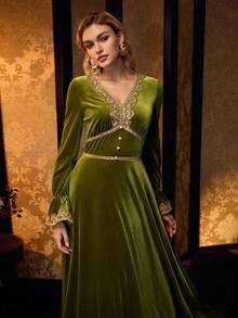 MOTF PREMIUM 优雅贴花装饰长袖连衣裙 - 綠色 - 查看 6