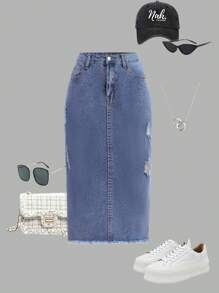 SHEIN Tween Girls Fashion Casual Y2k Vintage Cool Street Returns To School College Blue Denim Cut Out Ripped Frayed Perforated Design Stretch Tight Denim Skirt For Tween Girl Clothes Tween Girls Costume Dailywear And Tween Girl Winter And Fall Rave Outfits Festival And At Home Outfits Streetwear School Clothes