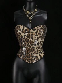 SHEIN ICON Sequin Leopard Print Lace Trim Bandeau Crop Top For Women,Leopard Print Top - Brown - View 3