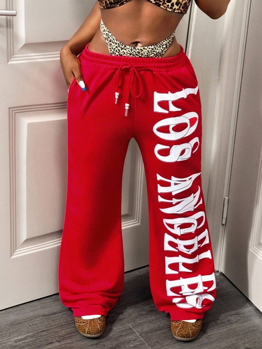 BamGleam Fashionable Leopard Print & Letter Graphic Sweatpants Fall Cloth For Women - Red - View 1