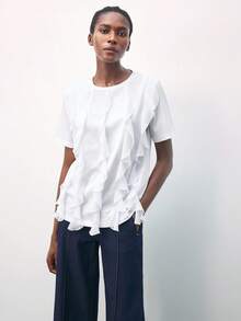Maija Women's Solid Color Ruffle Collar Casual Versatile Short Sleeve T-Shirt Going Out Tops For Women Casual Blouses For Ladies White Top - White - View 6