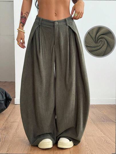 Coolane Dam Sommar Höst Helårsbyxor Vintage Casual Streetwear Utekväll Stora Gröna Byxor Med Svängd Fåll Manchester Khaki Cargobyxor