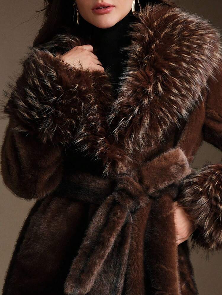 Khaki Cross Two-Tone Faux Fur Collar Thick Fashion Versatile Autumn/Winter Jacket