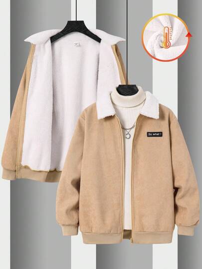 SHEIN 一件装青少年男童休闲运动学院风加厚复合绒里灯芯绒面料夹克，适合儿童返校、生日派对、晚宴、演出、开幕式等场合，日常穿着舒适，适合上学、旅行、运动，适合秋冬季节，哥特风冬季夹克，开学第一天必备