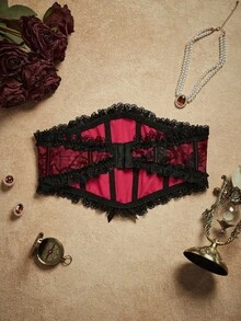 PinupPomp Corset Halloween Gothic Lolita Cổ Điển Thanh Lịch Lãng Mạn Trưởng Thành Quyến Rũ Satin Ren Hoa Màu Đỏ Burgundy Đen Cho Nữ - Đỏ - Xem 9