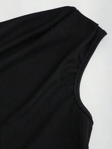 Sweetra 女式新款简约百搭百搭两件套，银色金属装饰不对称肩上衣和休闲直筒阔腿裤套装 - 黑色 - 查看 5