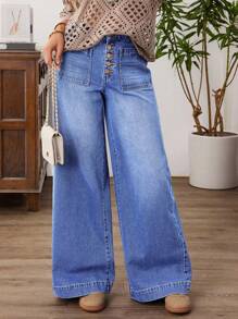 EMERY ROSE Plus Size Women High Waist Wide Leg Jeans With Buttons And Pockets Casual Street Patchwork Pocket Loose Wide Leg Jeans Women Jeans Baggy Loose Jeans,Fall Clothes For Women - Medium Wash - View 1