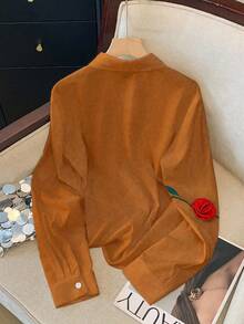 SHEIN Clasi 标准尺寸女士优雅情人节绿色树枝印花 + 3D 花朵休闲衬衫 - 彩色 - 查看 2