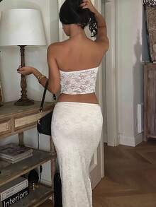 Ronhire Women Summer Two Pieces Halter V-Neck Lace Bodycon Top And Lace Slit Skirt