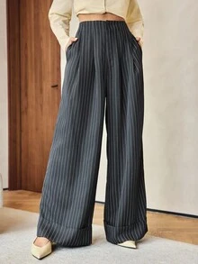 Siren Gaze 女高腰百褶宽松直筒裤灰色条纹阔腿裤秋冬商务休闲高腰阔腿长裤 - 灰色 - 查看 7