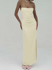 Aloruh 女士纯色褶皱连衣裙，优雅 - 杏色 - 查看 3