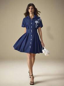 SHEIN Frenchy 休闲优雅女式牛仔连衣裙 - 藍色 - 查看 5