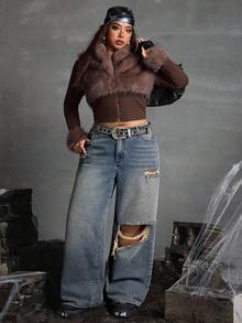 Jeanoix 大码女式做旧口袋宽腿宽松休闲牛仔裤 - 藍色 - 查看 6