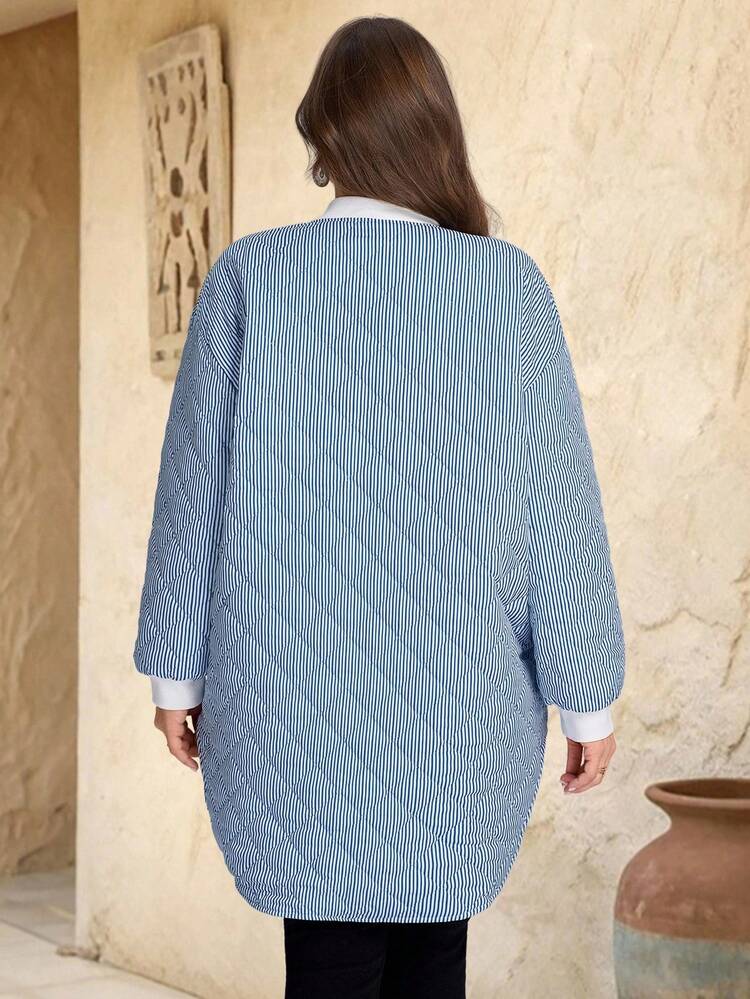 Cardigan matelassé à simple boutonnage avec poches, imprimé rayures, pour femmes grandes tailles. Manteau rembourré chaud pour l'automne et l'hiver, style campagne pour femmes, pour concert country, style campagne