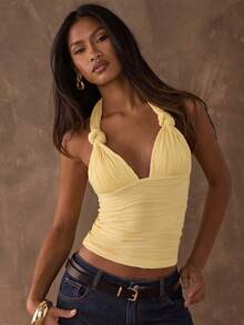 SHEIN BAE 女士性感深V领露背吊带上衣，夏季 - 黃色 - 查看 3