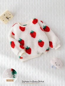Cozy Pixies Baby Girl Strawberry Pattern Thermal Lined Crew Neck Long Sleeve Pullover Sweatshirt, Autumn/Winter Fall
