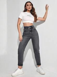 EURMUSE Damskie jeansy typu mom fit z wysokim stanem, uniwersalne, casualowe, szare, 100% bawełny