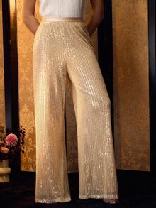 MOTF PREMIUM CONTRAST SEQUIN WIDE LEG PANTS - Khaki - View 6