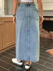 DAZY 西部牛仔风做旧不对称下摆开衩口袋休闲街头牛仔迷你裙，女士秋冬款 - 藍色 - 查看 2