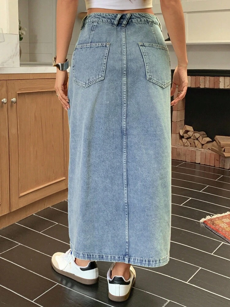 Western Cowgirl Distressed Asymmetric Hem Slit Pocket Casual Street Denim Mini Skirt For Women, Autumn/Winter