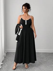 Elenzga بدلة سيدة أنيقة للتنقل مكونة من جاكيت قصير بأكمام طويلة مع تريم متباين وفستان منزلق مقاس كبير للسيدات، مجموعة من قطعتين - الأسود - مشاهدة 3