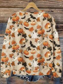 EMERY ROSE Halloween Casual Minimalist Pumpkin & Ghost Allover Print Plus Size Women Crew Neck Off Shoulder Loose Sweatshirt, Autumn/Winter, Halloween Costume Fall - Multicolor - View 2