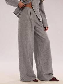 SHEIN BAE Autumn/Winter Women's Minimalist Elegant Commuter Casual Straight-Leg Suit Pants Loose-Fit Pants Gray Loose-Fit Pants High-Waisted Loose-Fit Pants Pleated Loose-Fit Pants Women's Suit Pants, A Must-Have Item For Autumn/Winter,Fall - Grey - View 6