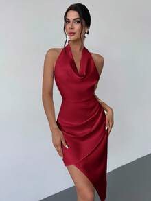 Firerie Elegancka, damska sukienka maxi z odkrytymi plecami i dekoltem halter, kolor morelowy, odpowiednia na randkę, wyjątkowe wakacje, sezon ślubny i lato - Burgund - Zobacz 5