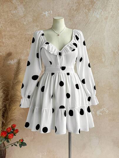 Dreamara 大码女式度假波点印花荷叶边长袖迷你连衣裙，秋季
