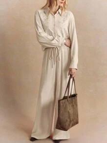 Écloséra Áo cánh thêu jacquard cao cấp phong cách Trung Hoa xuân/thu mới, bộ hai mảnh lấy cảm hứng từ phong cách cổ điển dành cho nữ - Màu be - Xem 4
