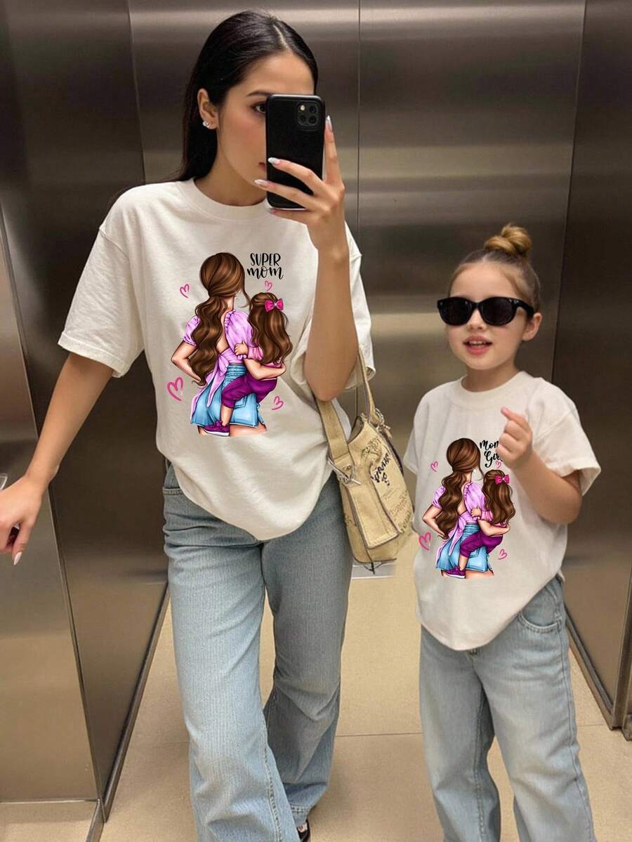 SHEIN 1 pieza Camiseta de manga corta casual a juego para madre e hija con figuras impresas en la espalda, camiseta gráfica con patrón de letras para mujeres